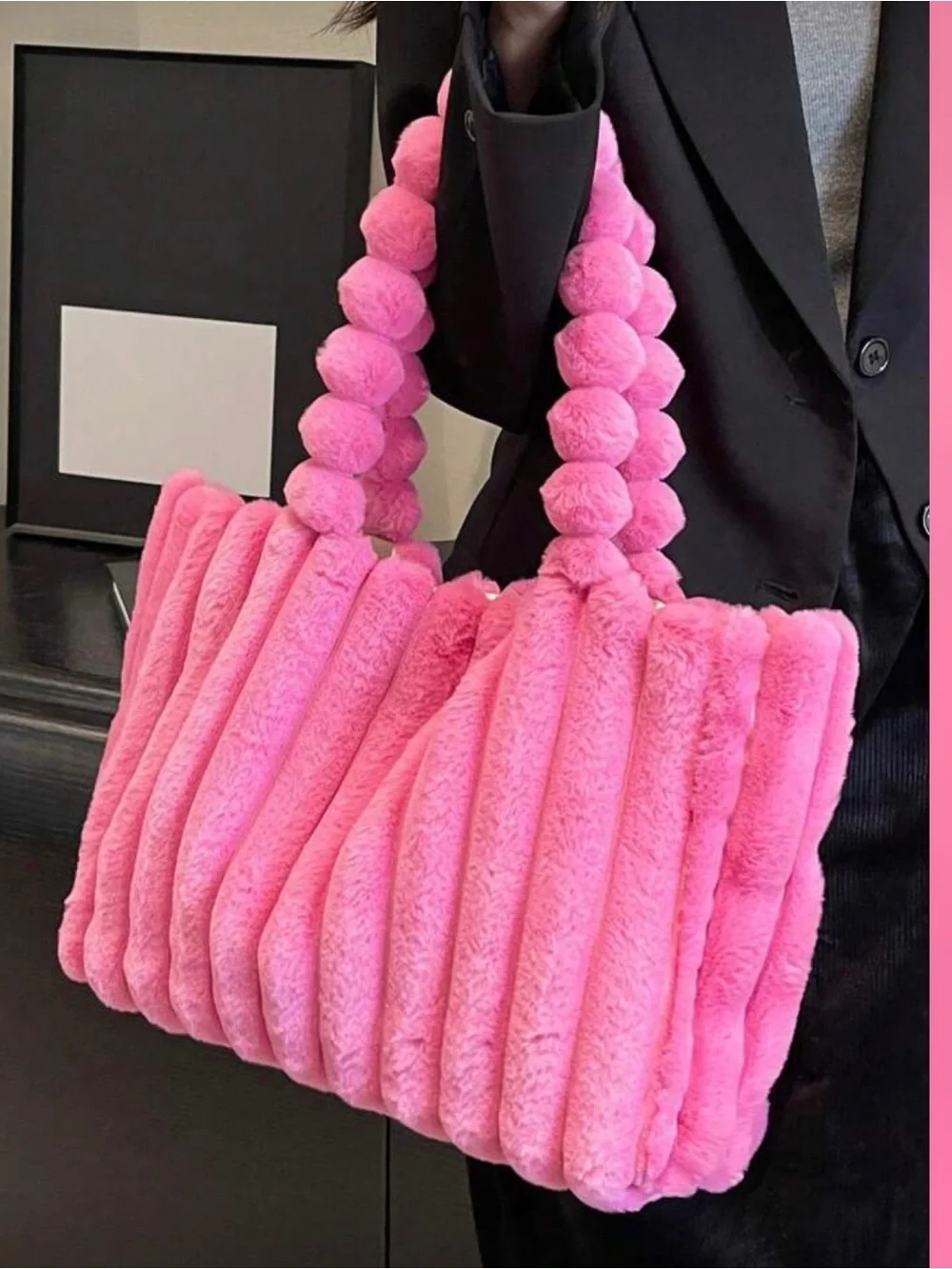 Plush Pink Ribbed Tote Bag with Bead Handle